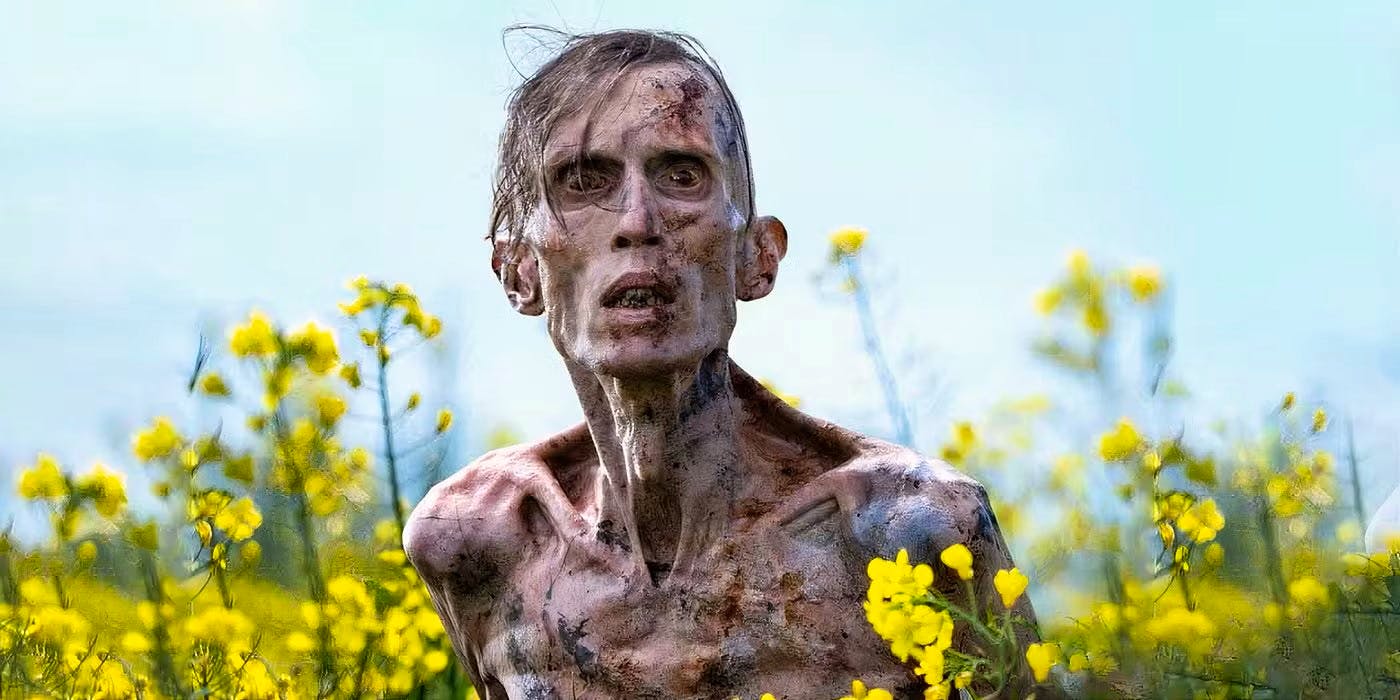 An emaciated zombie rises from the long grass